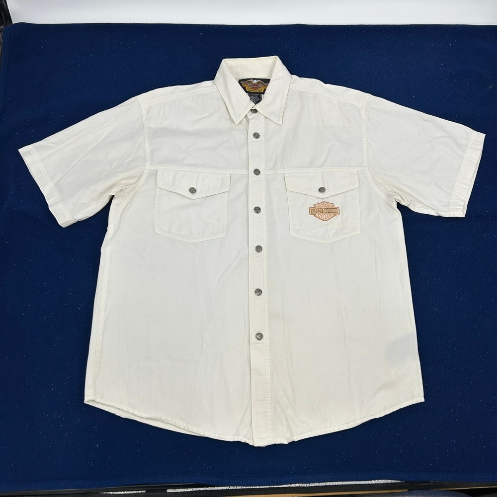 Harley Davidson‎ Snap Button Down Shirt Men's L White Short Sleeve Biker